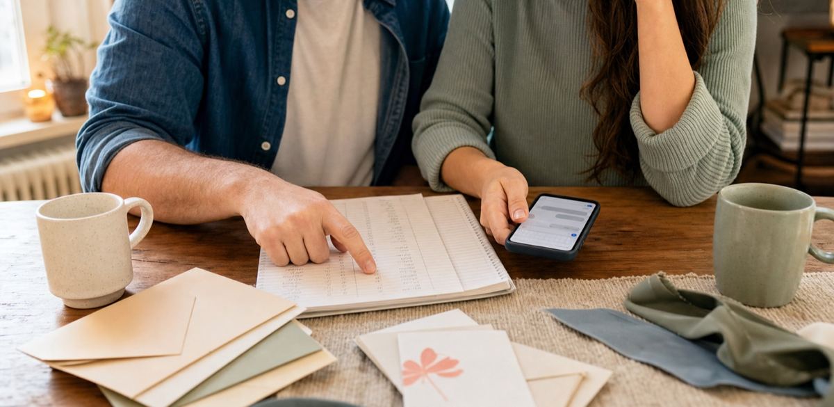 A couple organizing a wedding guest list and text messages together at a kitchen table